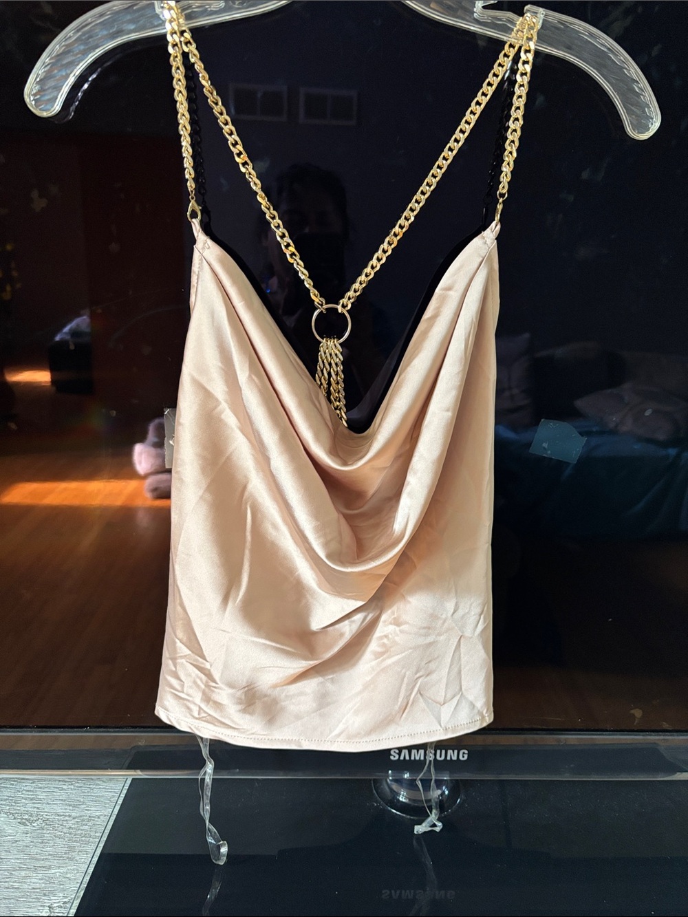 AKIRA Champagne Satin Top with Gold Chain Detail - Picture 8 of 8